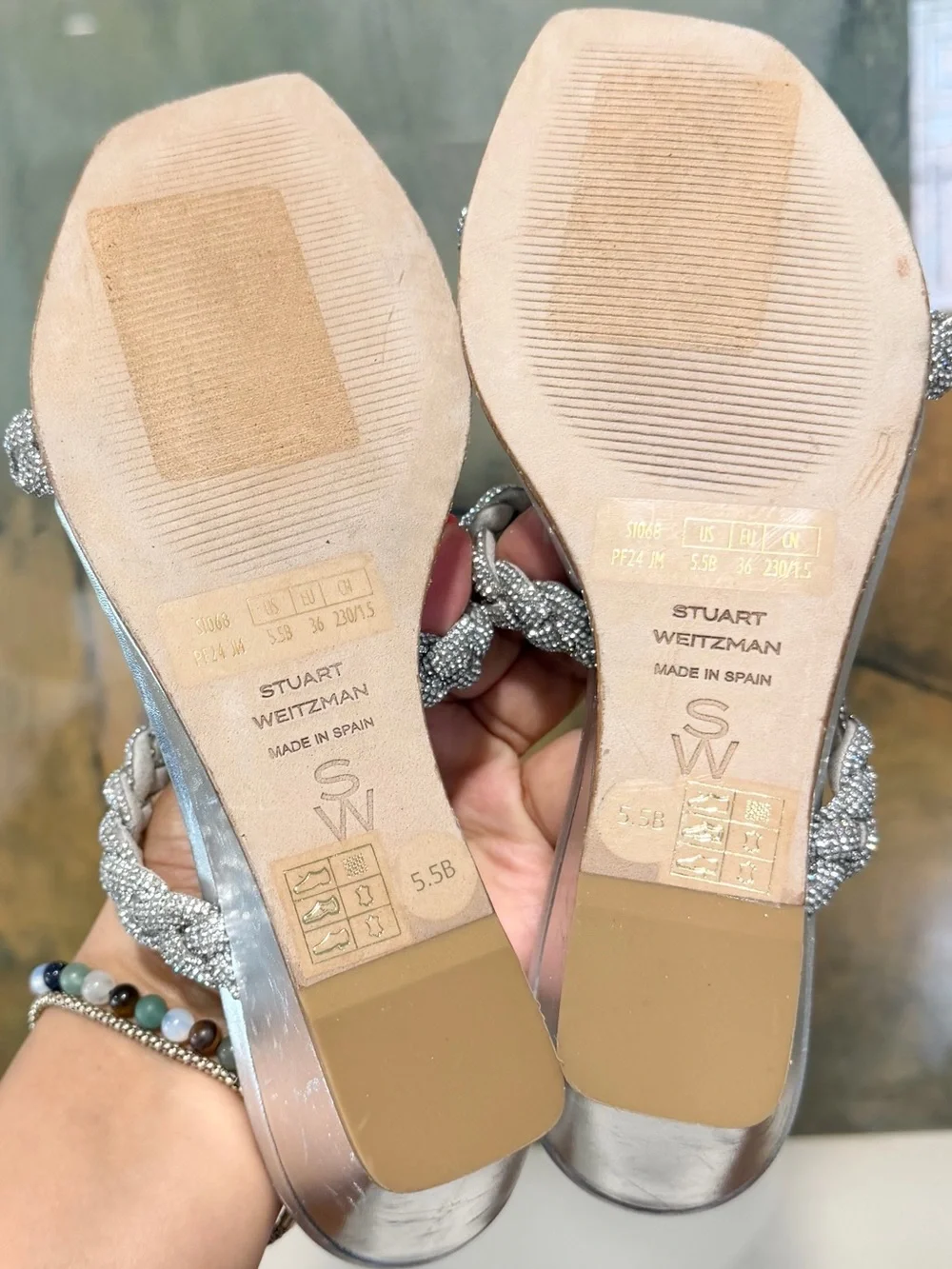 🌹STUART WEITZMAN🌹 Highshine Crystal Braid Wedge Sandals In Silver Size: 5.5 B - Picture 16 of 16